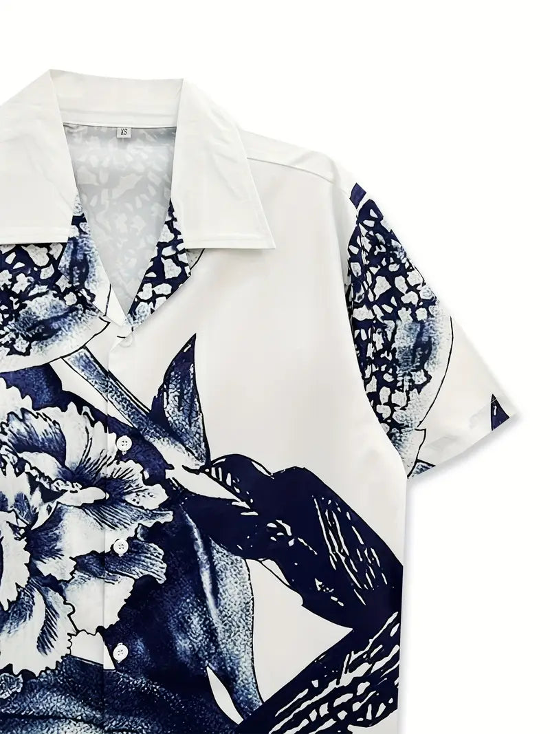 Men's Casual Blue Hawaiian Floral Print Shirt