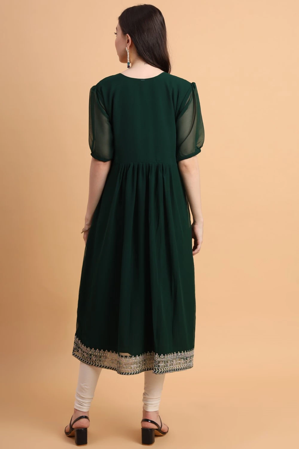 Green Embroidered Georgette Straight Kurti