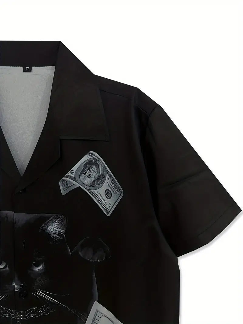 Men's Versatile Cat And Money Print Shirt
