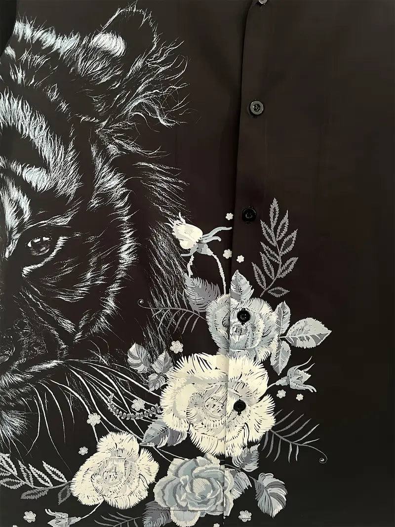 Men's Casual Black Tiger and Floral Design Shirt