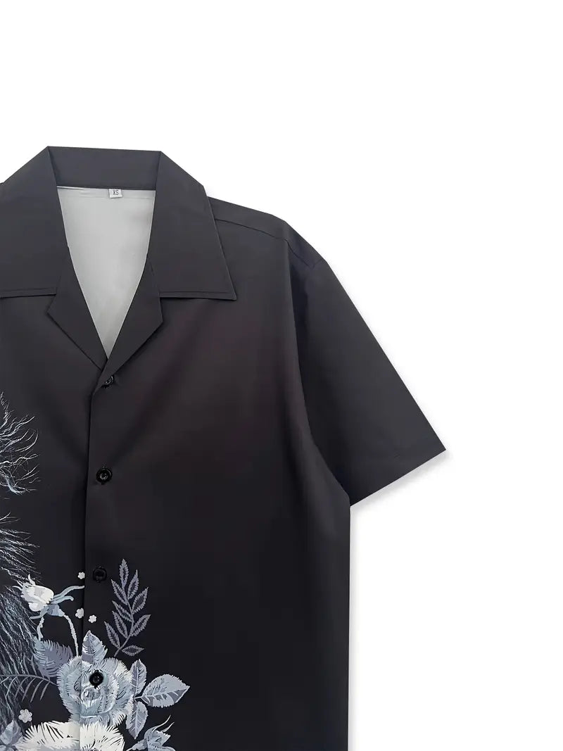Men's Casual Black Tiger and Floral Design Shirt
