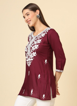 Wine Cotton Short Chicken Kari Work Kurti