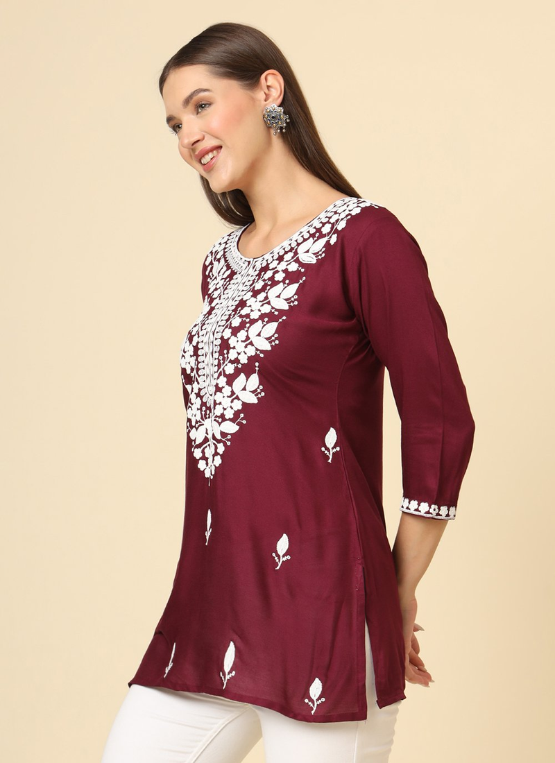 Wine Cotton Short Chicken Kari Work Kurti