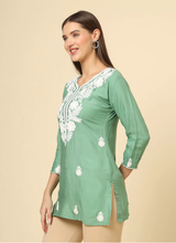 Green Cotton Short Embroidered Kurti