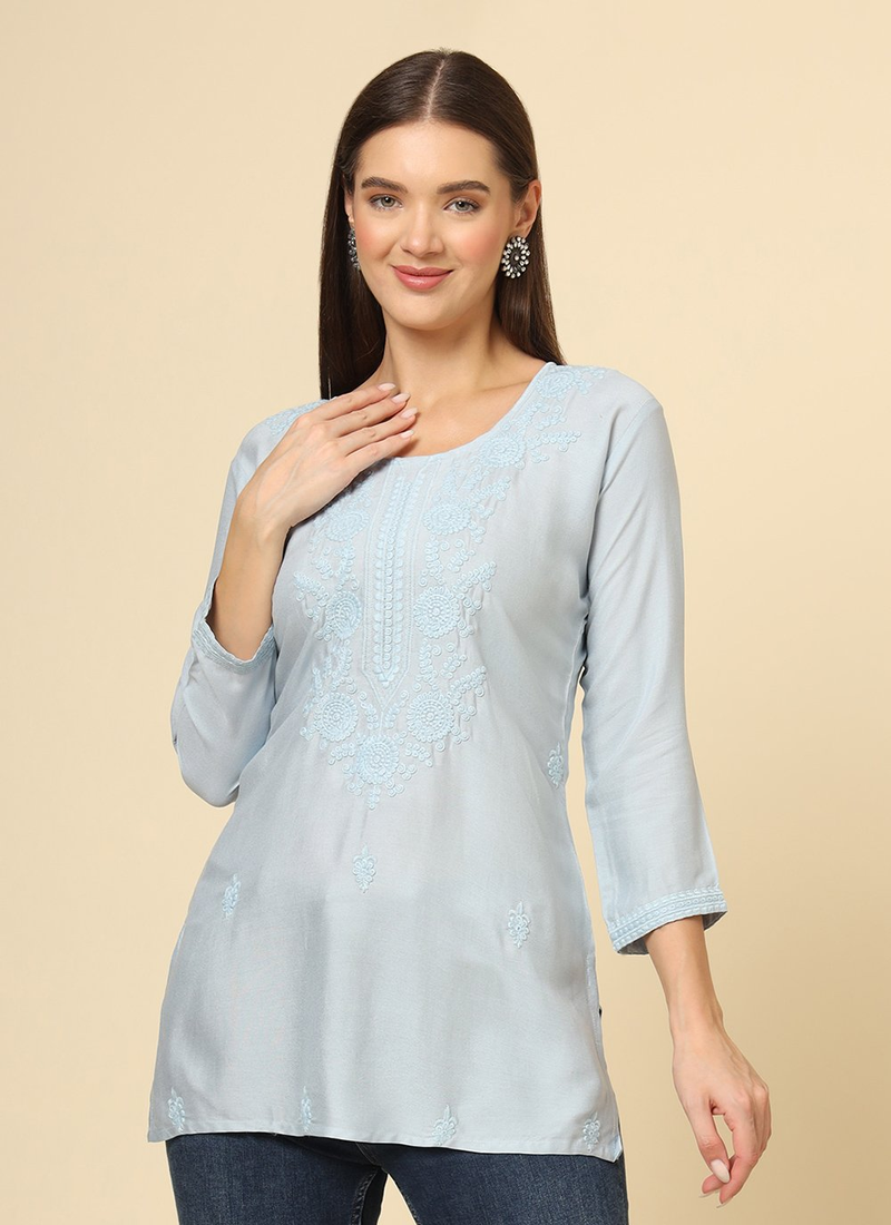 Grey Cotton Chicken Kari Work Kurti