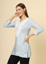 Grey Cotton Short Embroidered Kurti