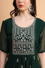 Green Embroidered Georgette Straight Kurti