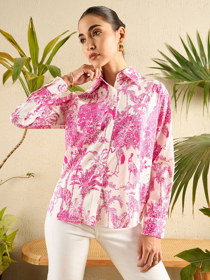 Pink Tropical Toile Print Button-Down Shirt
