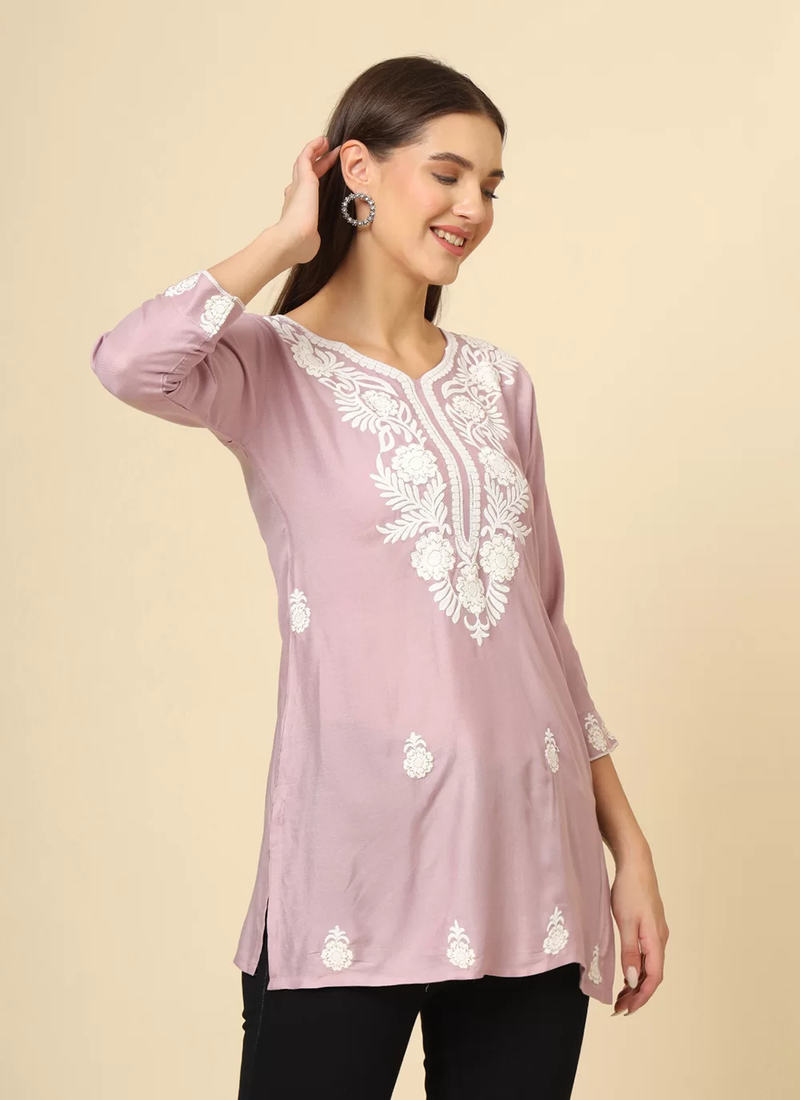 Pink Cotton Short Embroidered Kurti