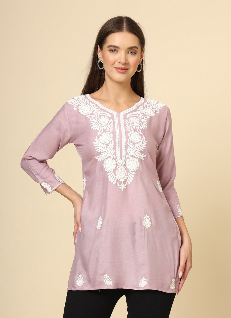 Pink Cotton Short Embroidered Kurti