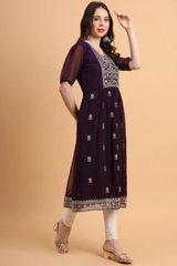 Wine Embroidered Georgette Straight Kurti