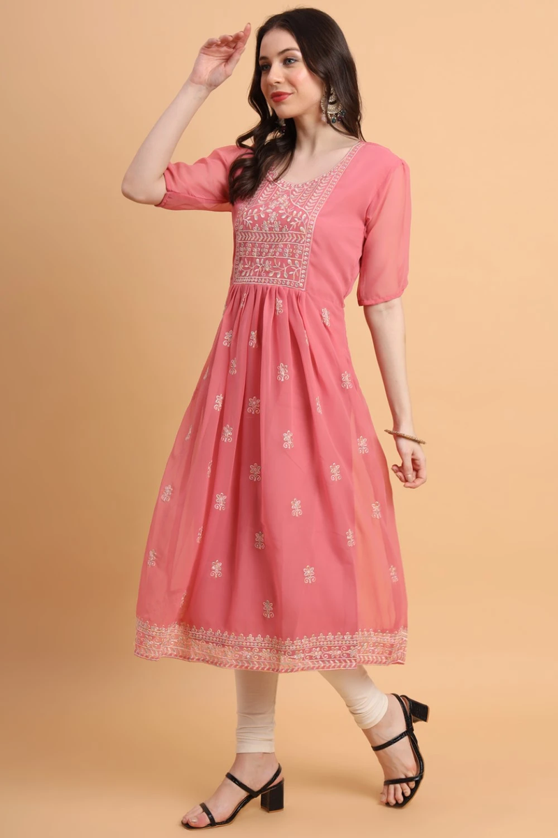 Pink Embroidered Georgette Straight Kurti