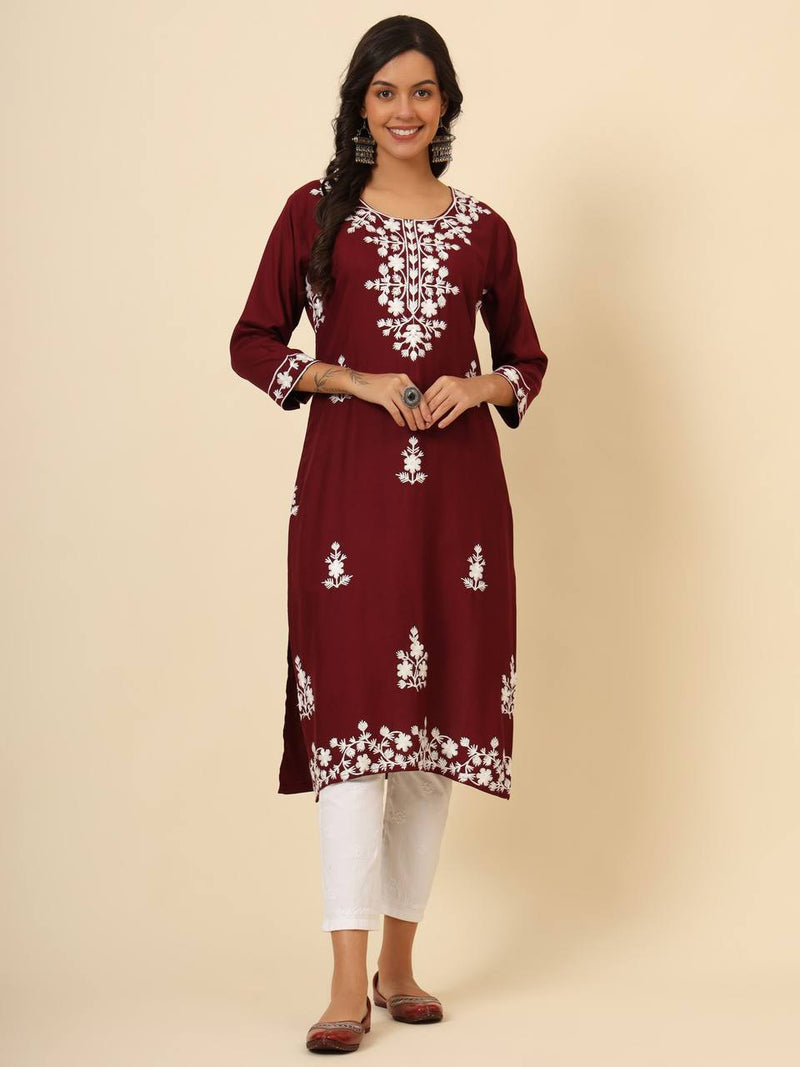 Maroon Floral Embroidered Liva Rayon Straight Kurti