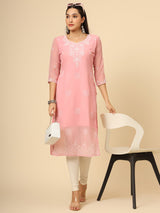 Pink Embroidered Georgette Straight Kurti Crepe Inner