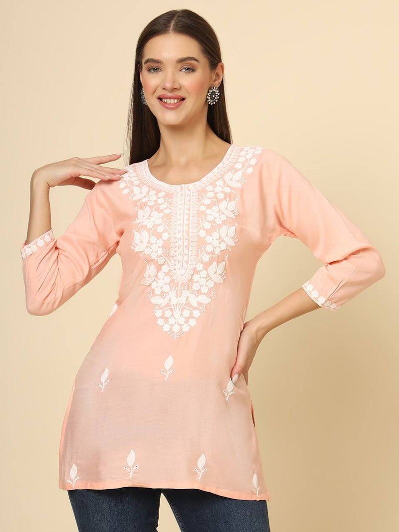 Peach Cotton Short Chicken Kari Work Kurti