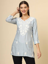 Grey Cotton Short Embroidered Kurti