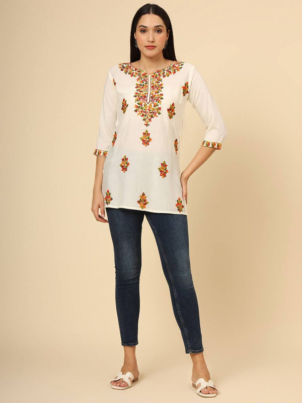 White Embroidered Cotton Short Kurti