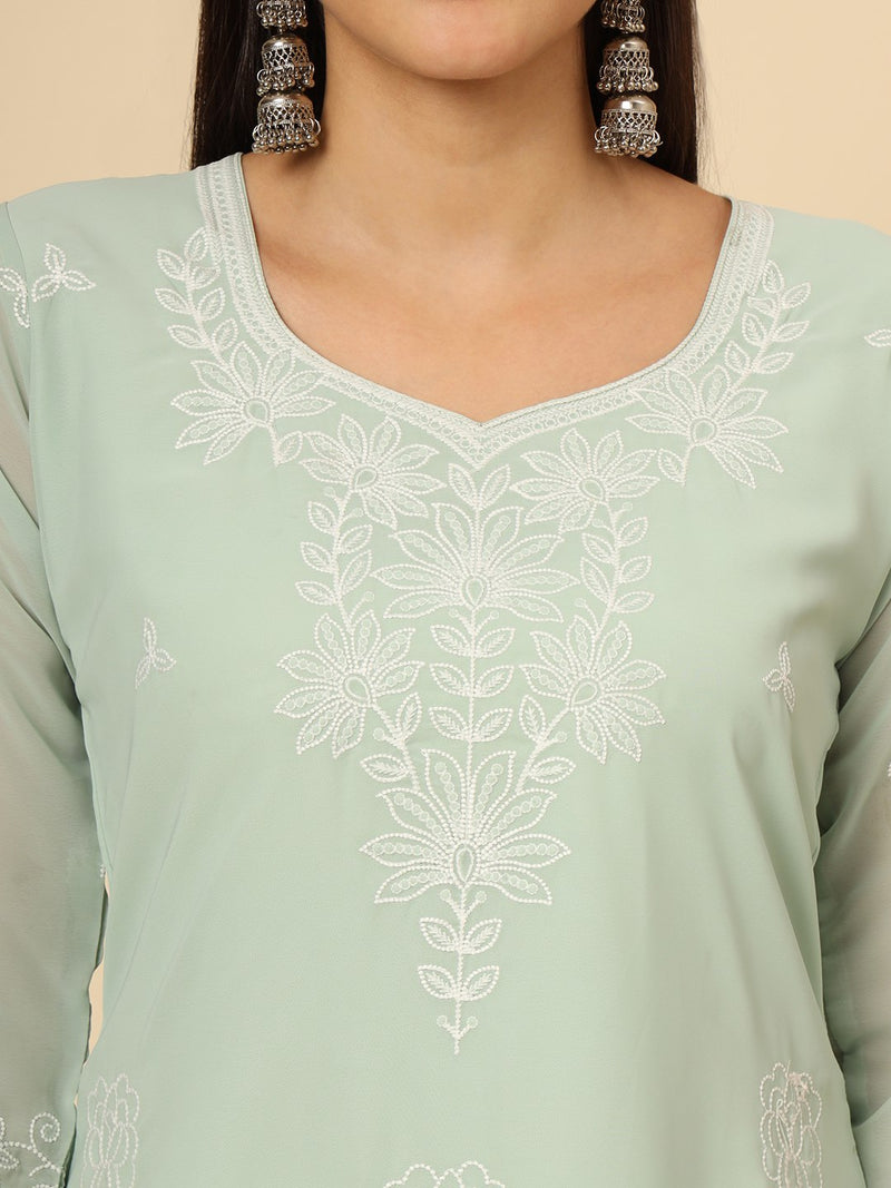 Sea Green Embroidered Georgette Straight Kurti Crepe Inner