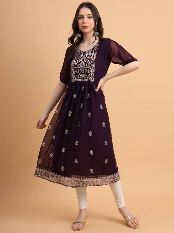 Wine Embroidered Georgette Straight Kurti