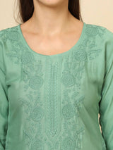 Green Cotton Chicken Kari Work Kurti