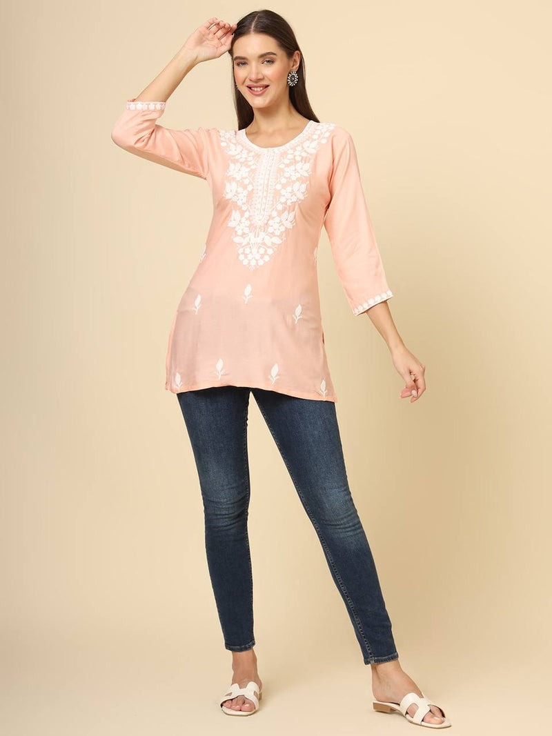 Peach Cotton Short Chicken Kari Work Kurti