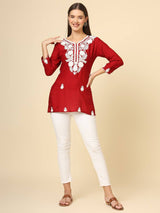 Red Cotton Short Embroidered Kurti