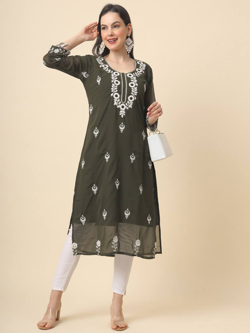 Green Georgette Embroidered Kurti With Heavy Inner