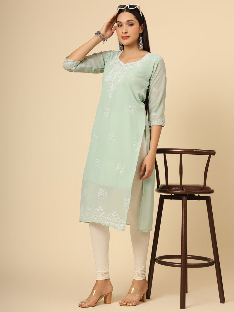 Sea Green Embroidered Georgette Straight Kurti Crepe Inner