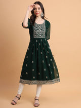 Green Embroidered Georgette Straight Kurti