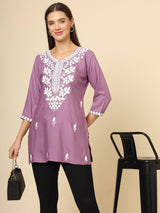 Purple Cotton Short Chicken Kari Work Kurti