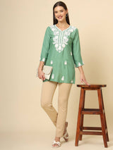 Green Cotton Short Embroidered Kurti