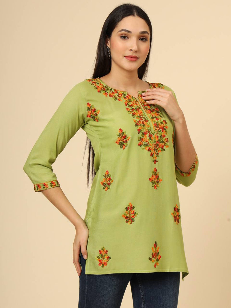 Green Embroidered Cotton Short Kurti