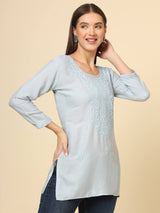 Grey Cotton Chicken Kari Work Kurti