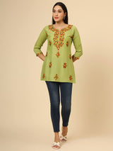 Green Embroidered Cotton Short Kurti