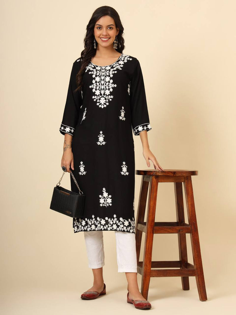 Black Floral Embroidered Liva Rayon Straight Kurti