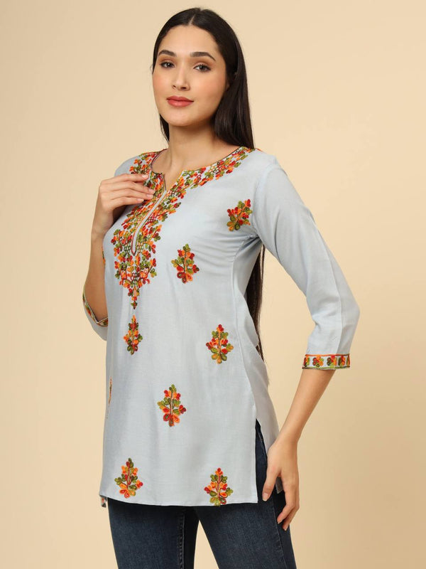 Grey Embroidered Cotton Short Kurti