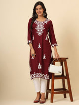 Maroon Floral Embroidered Liva Rayon Straight Kurti