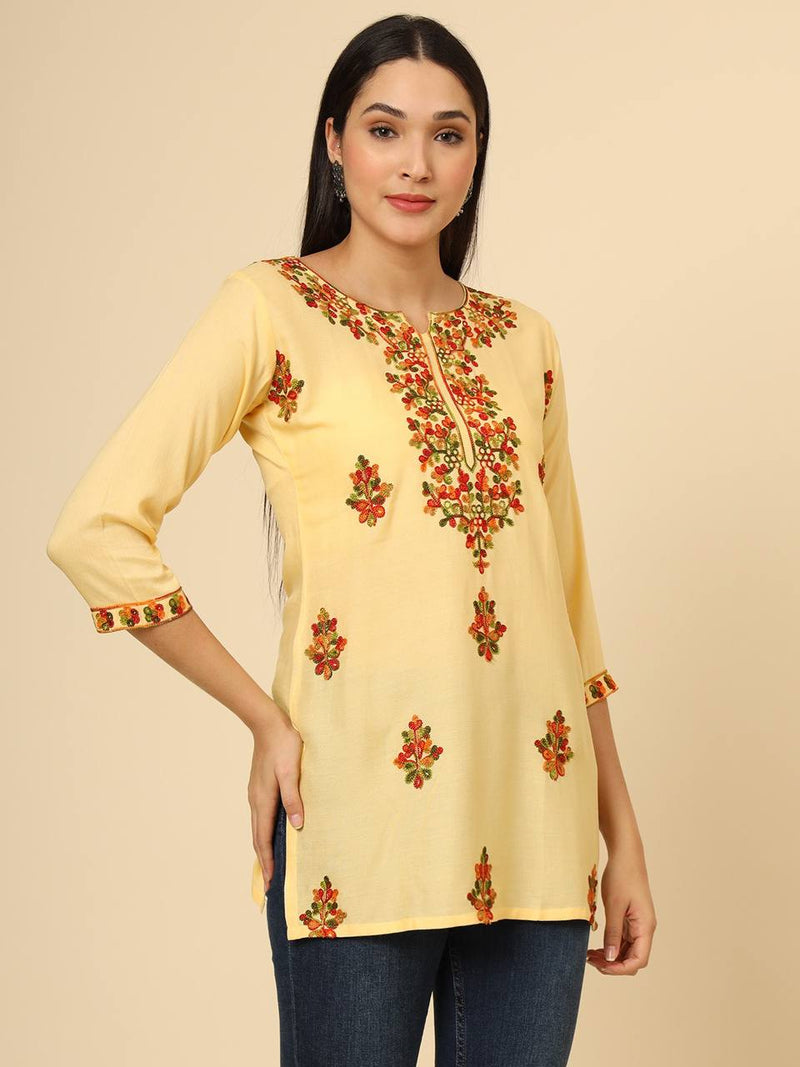 Yellow Embroidered Cotton Short Kurti