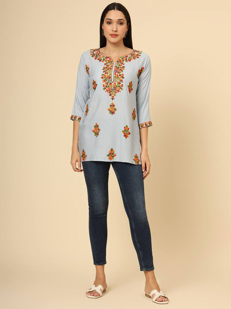 Grey Embroidered Cotton Short Kurti