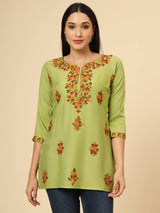 Green Embroidered Cotton Short Kurti