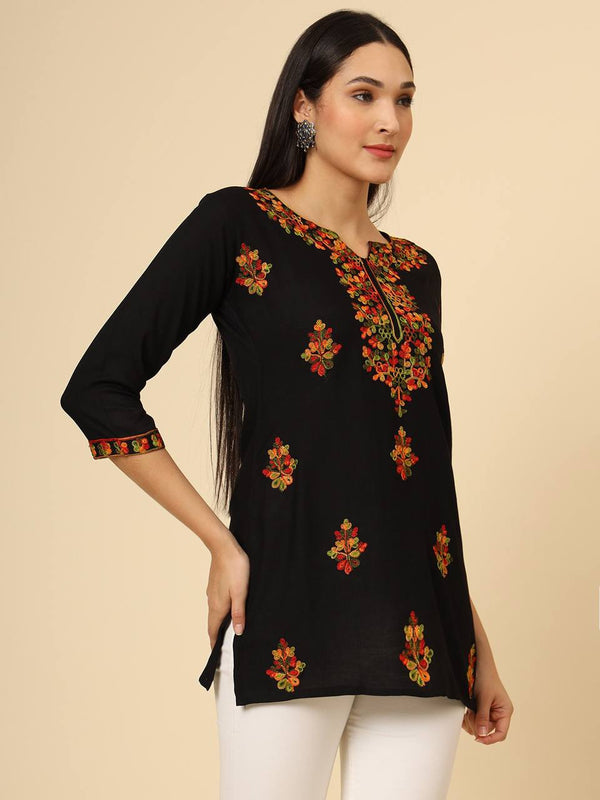 Black Embroidered Cotton Short Kurti