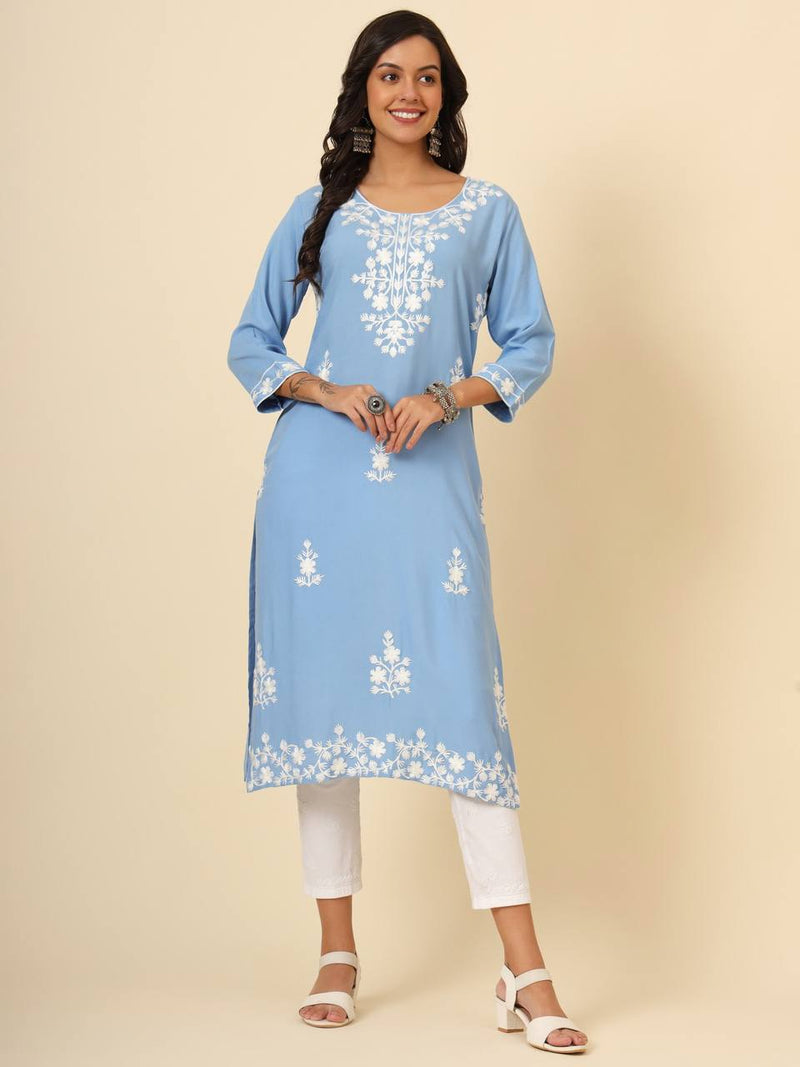 Blue Floral Embroidered Liva Rayon Straight Kurti