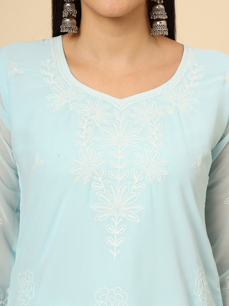 Sky Blue Embroidered Georgette Straight Kurti Crepe Inner