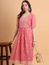 Pink Embroidered Georgette Straight Kurti