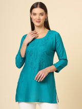 Blue Cotton Chicken Kari Work Kurti