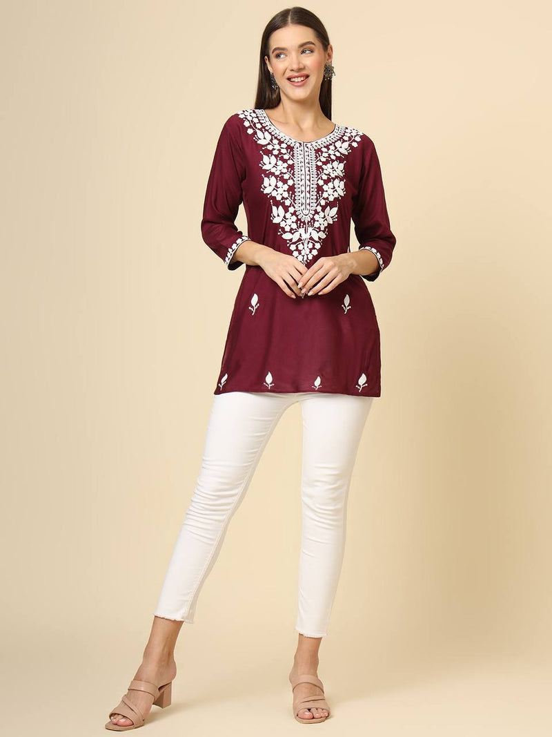 Wine Cotton Short Chicken Kari Work Kurti