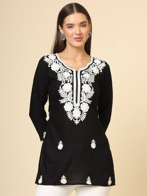 Black Cotton Short Embroidered Kurti