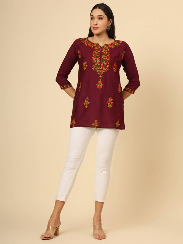 Maroon Embroidered Cotton Short Kurti