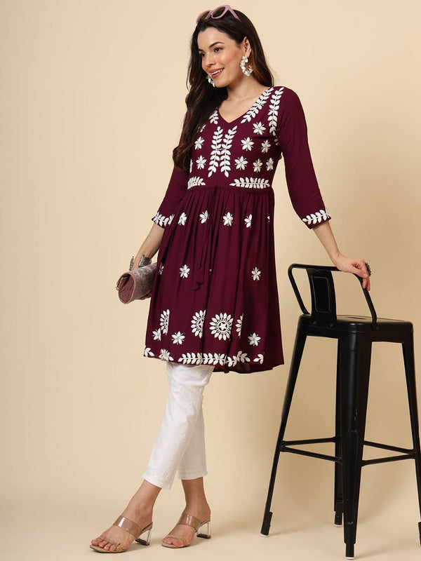 Maroon Embroidered Cotton Kurti