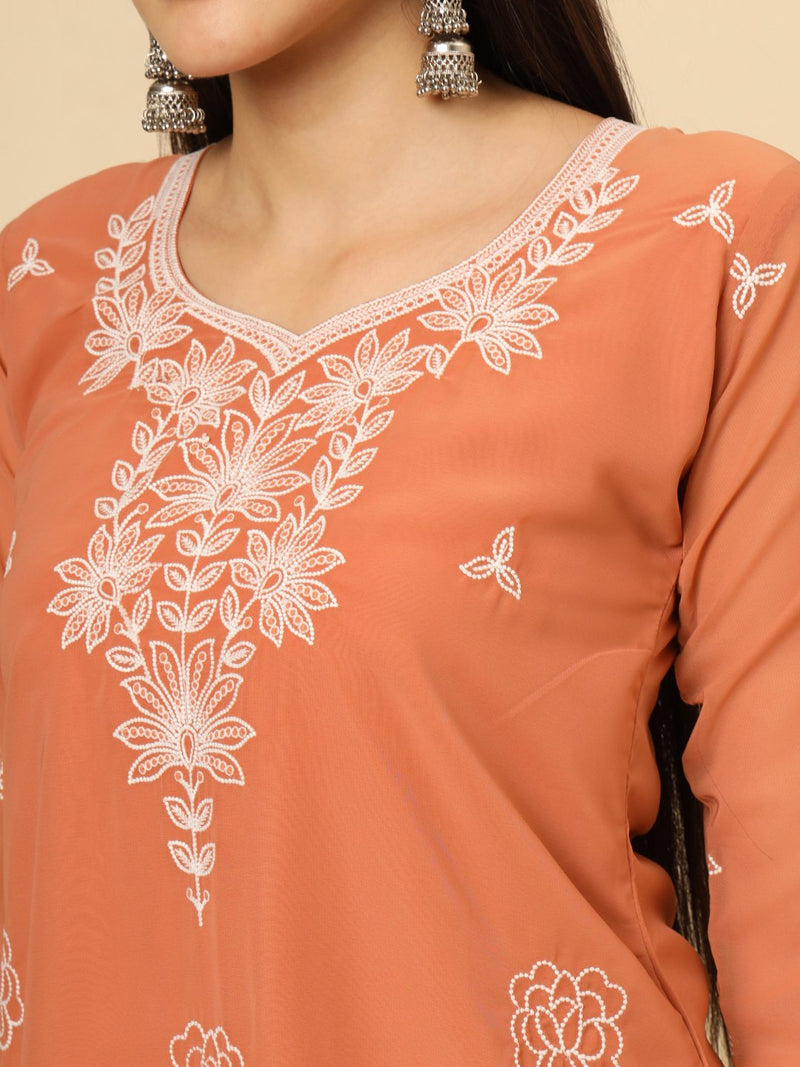 Orange Embroidered Georgette Straight Kurti Crepe Inner